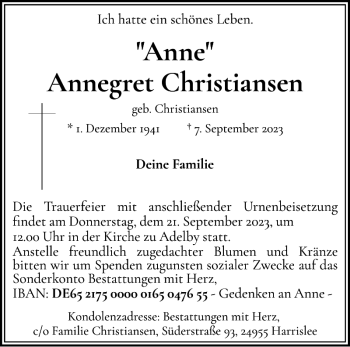 Traueranzeigen Von Annegret Christiansen Anne Sh Z Trauer