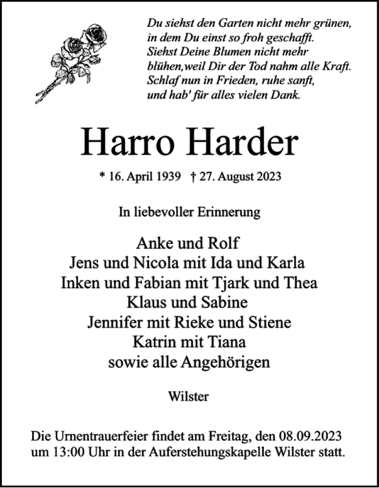 Traueranzeigen Von Harro Harder Sh Z Trauer