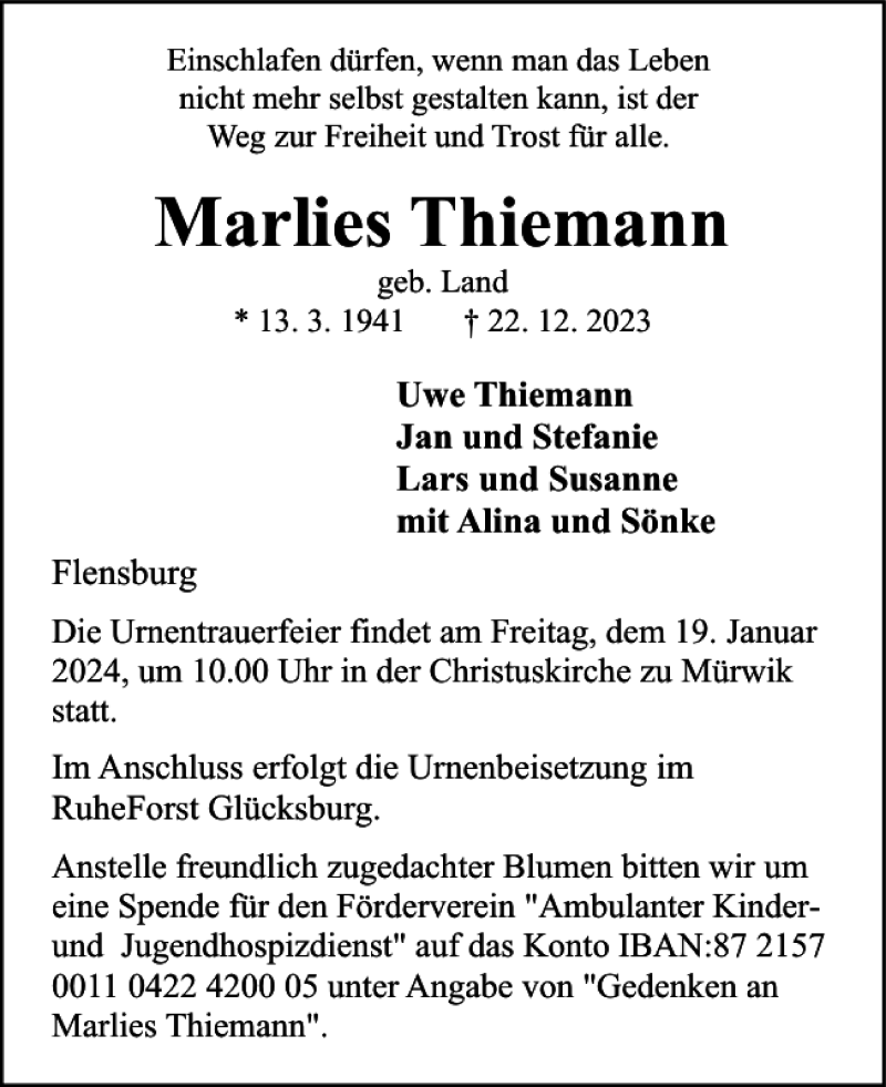 Traueranzeigen Von Marlies Thiemann Sh Z Trauer