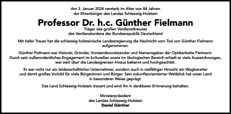 Traueranzeigen von Professor Dr h c Günther Fielmann sh z Trauer