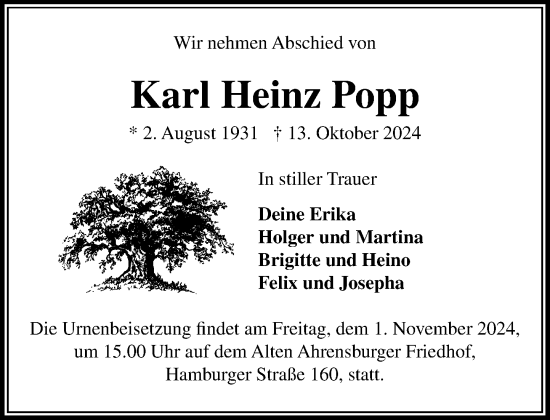 Traueranzeigen Von Karl Heinz Popp Sh Z Trauer