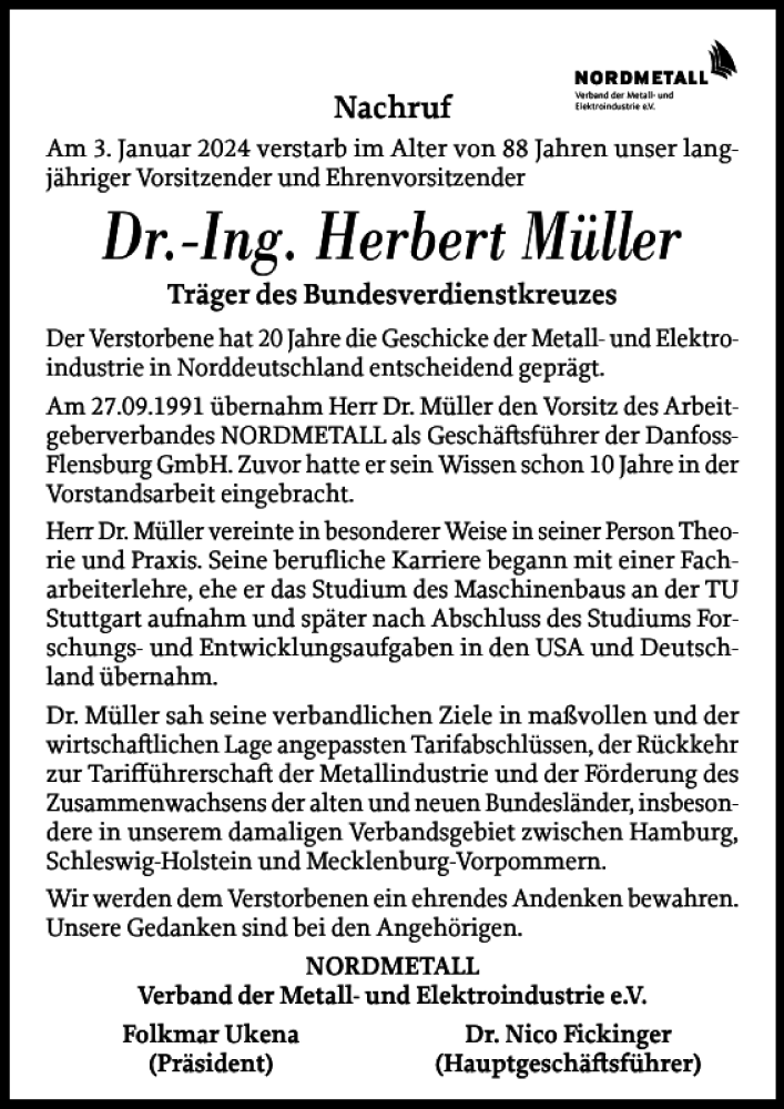 Traueranzeigen von Dr Ing Herbert Müller sh z Trauer