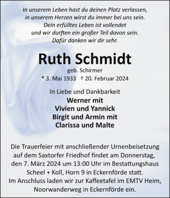 Traueranzeigen Von Ruth Schmidt Sh Z Trauer