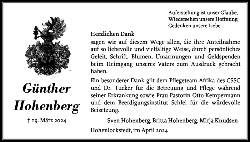 Traueranzeigen von Günther Hohenberg sh z Trauer