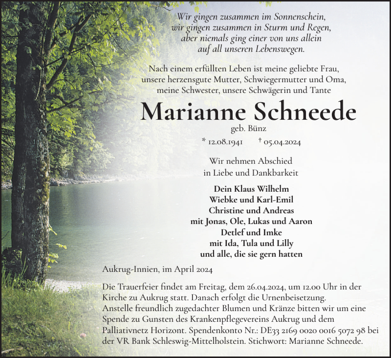 Traueranzeigen Von Marianne Schneede Sh Z Trauer