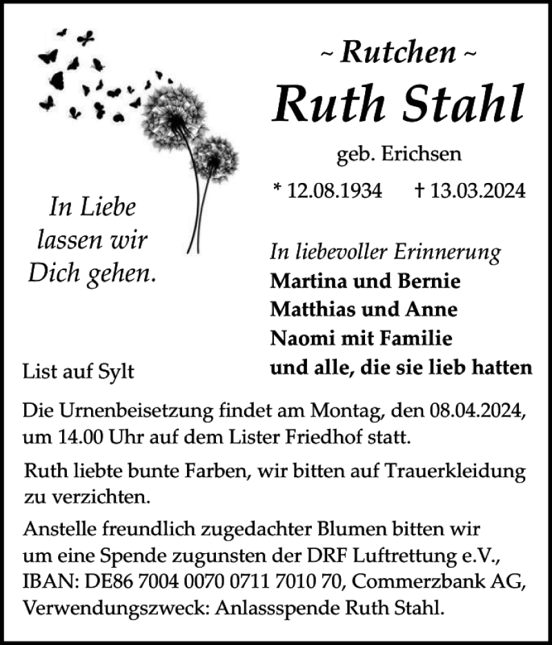 Traueranzeigen Von Ruth Stahl Sh Z Trauer