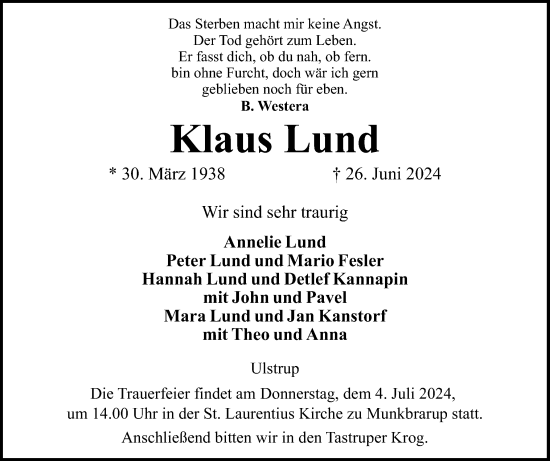 Traueranzeigen Von Klaus Lund Sh Z Trauer