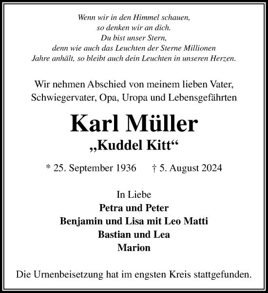 Traueranzeigen von Karl Müller sh z Trauer