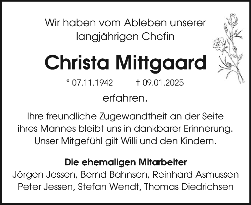 Traueranzeigen Von Christa Mittgaard Sh Z Trauer