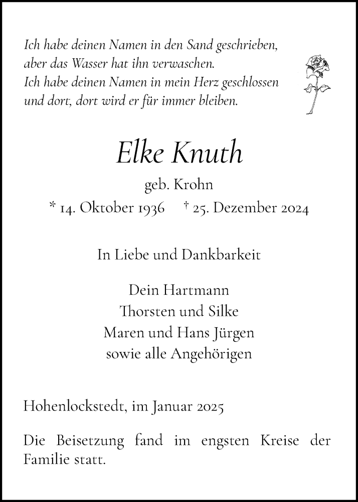 Traueranzeigen Von Elke Knuth Sh Z Trauer