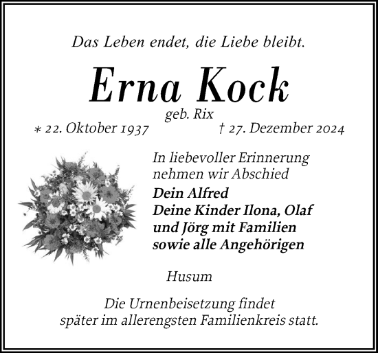 Traueranzeigen Von Erna Kock Sh Z Trauer