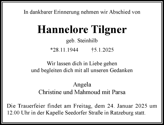 Traueranzeigen Von Hannelore Tilgner Sh Z Trauer