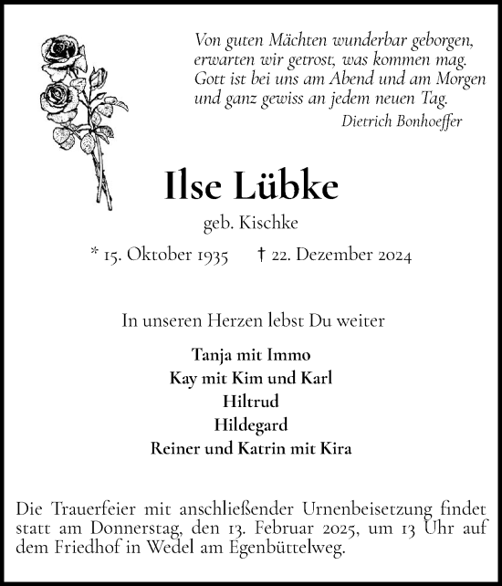 Traueranzeigen von Ilse Lübke sh z Trauer