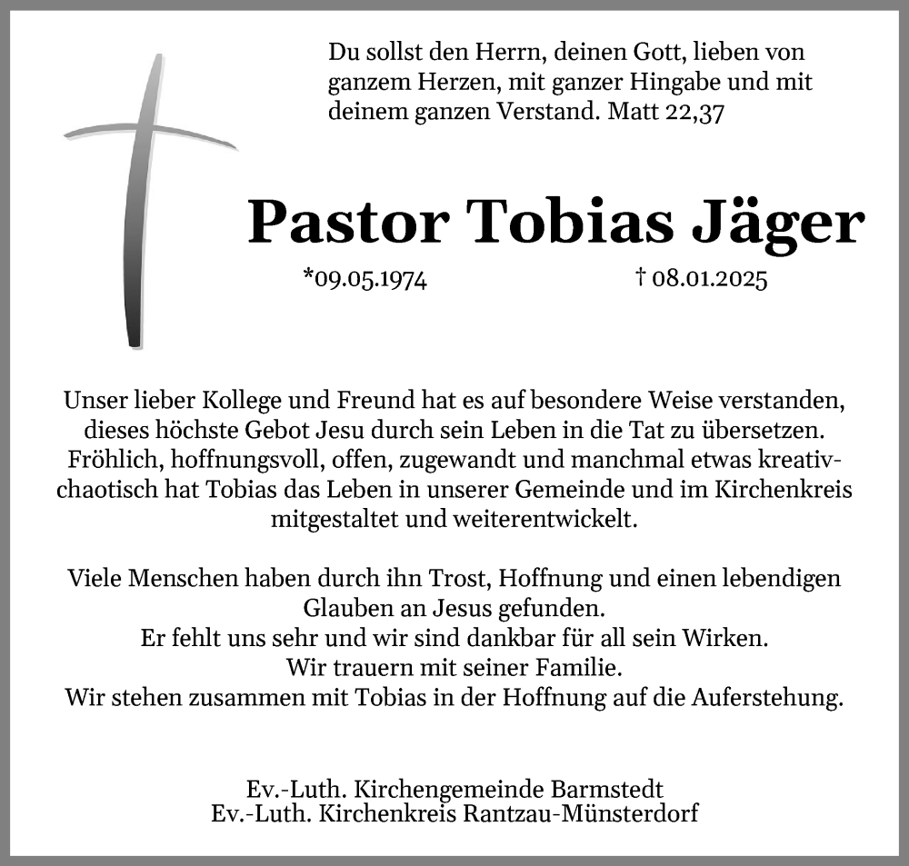 Traueranzeigen Von Pastor Tobias J Ger Sh Z Trauer