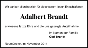 Traueranzeige von Adalbert Brandt von Holsteinischer Courier