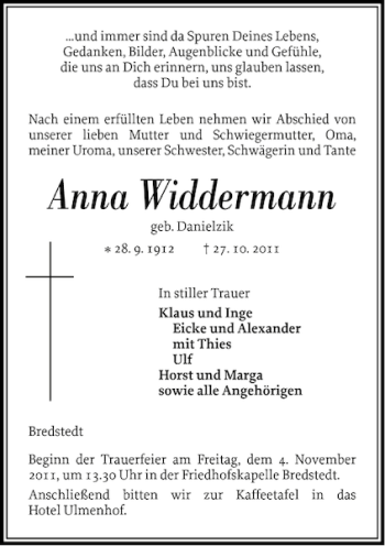 Traueranzeige von Anna Widdermann von Husumer Nachrichten