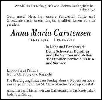 Traueranzeige von Anna Maria Carstensen von Flensburger Tageblatt