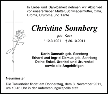 Traueranzeige von Christine Sonnberg von Holsteinischer Courier