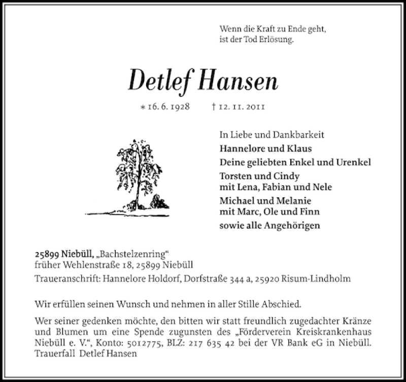  Traueranzeige für Detlef Hansen vom 15.11.2011 aus Nordfriesland Tageblatt