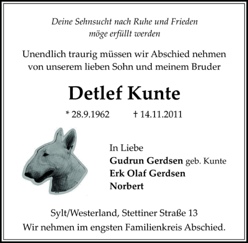  Traueranzeige für Detlef Kunte vom 19.11.2011 aus Sylter Rundschau