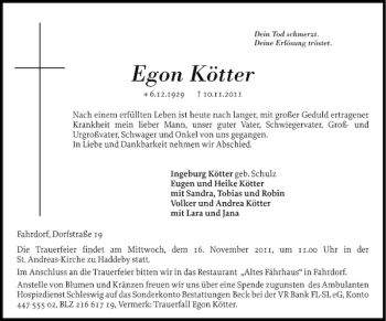 Traueranzeige von Egon Kötter von Schleswiger Nachrichten