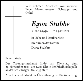 Traueranzeige von Egon Stubbe von Eckernförder Zeitung