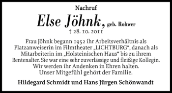 Traueranzeige von Else Jöhnk von Landeszeitung