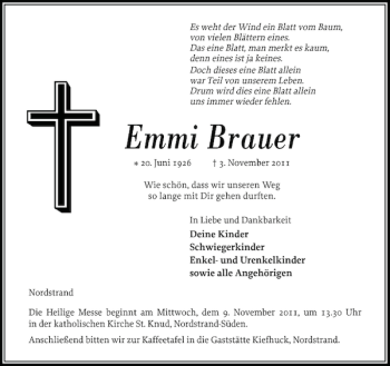 Traueranzeige von Emmi Brauer von Husumer Nachrichten