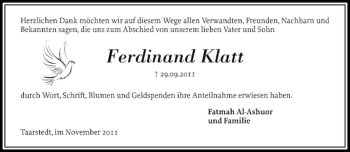 Traueranzeige von Ferdinand Klatt von Schleswiger Nachrichten