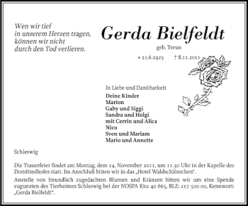 Traueranzeige von Gerda Bielfeldt von Schleswiger Nachrichten