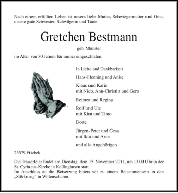 Traueranzeige von Gretchen Bestmann von Norddeutsche Rundschau