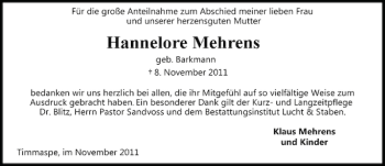 Traueranzeige von Hannelore Mehrens von Landeszeitung
