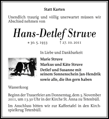 Traueranzeige von Hans-Detlef Struve von Husumer Nachrichten