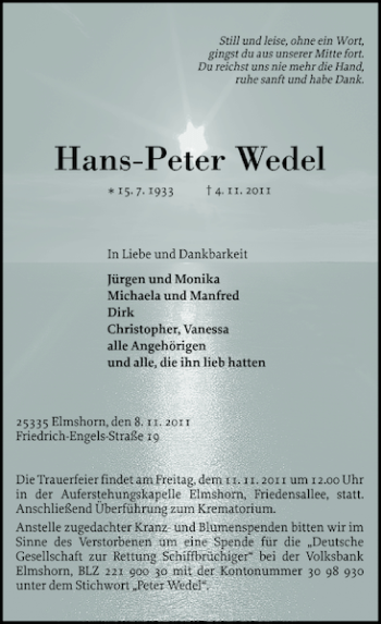 Traueranzeige von Hans-Peter Wedel von Elmshorner Nachrichten