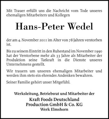 Traueranzeige von Hans-Peter Wedel von Elmshorner Nachrichten