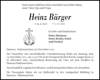 Traueranzeige von Heinz Bürger von Landeszeitung