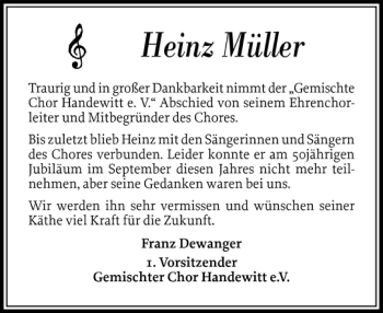 Traueranzeige von Heinz Müller von Flensburger Tageblatt