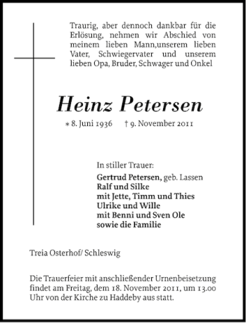 Traueranzeige von Heinz Petersen von Schleswiger Nachrichten