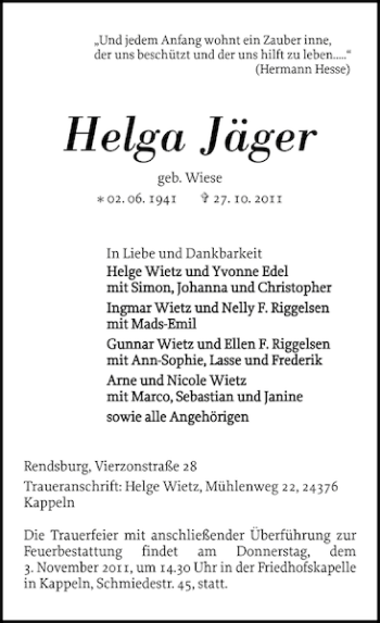 Traueranzeige von Helga Jäger von Landeszeitung