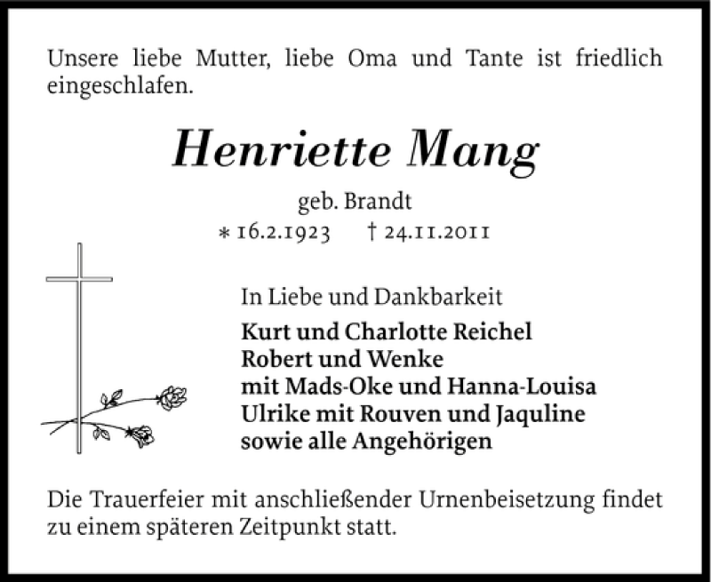  Traueranzeige für Henriette Mang vom 28.11.2011 aus Schlei-Bote
