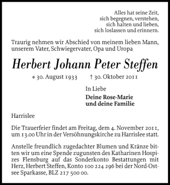 Traueranzeige von Herbert Johann Peter Steffen von Flensburger Tageblatt