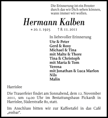 Traueranzeige von Hermann Kalben von Flensburger Tageblatt