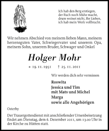 Traueranzeige von Holger Mohr von Eckernförder Zeitung