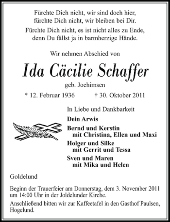 Traueranzeige von Ida Cäcilie Schaffer von Husumer Nachrichten