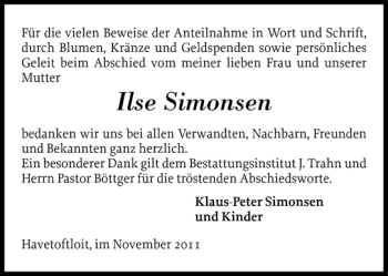 Traueranzeige von Ilse Simonsen von Flensburger Tageblatt