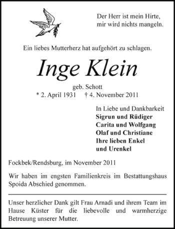 Traueranzeige von Inge Klein von Landeszeitung