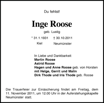 Traueranzeige von Inge Roose von Holsteinischer Courier