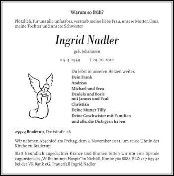 Traueranzeige von Ingrid Nadler von Nordfriesland Tageblatt