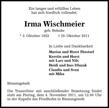 Traueranzeige von Irma Wischmeier von Pinneberger Tageblatt