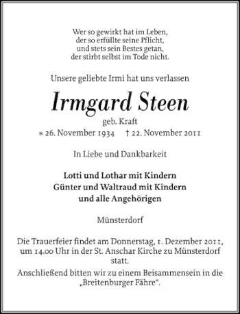 Traueranzeige von Irmgard Steen von Norddeutsche Rundschau